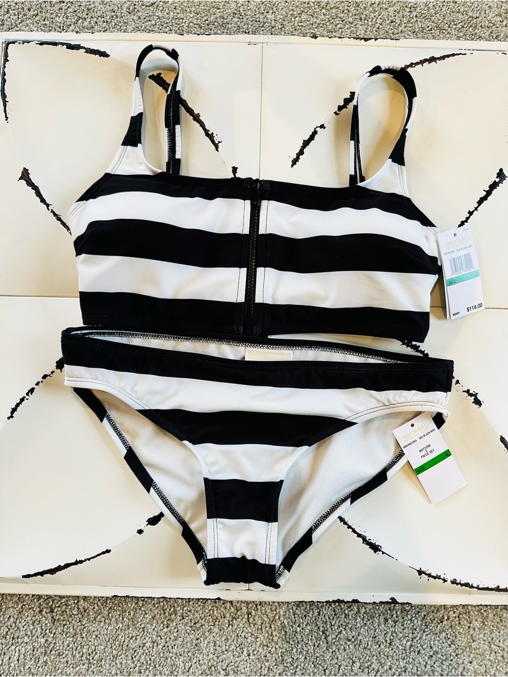 Michael Kors Black and White Striped Women’s Two Piece Swimsuit